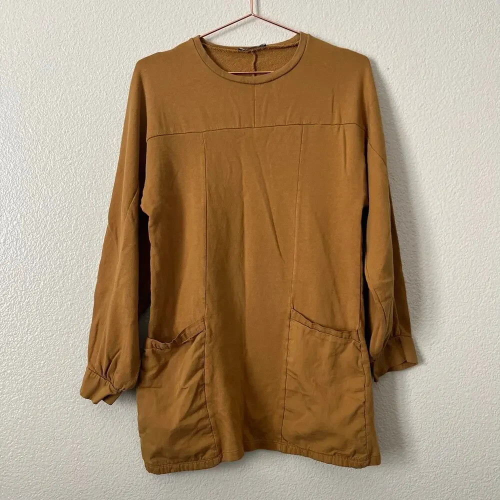 Zara Sweatshirt Tunic Top front pockets tan burnt yellow